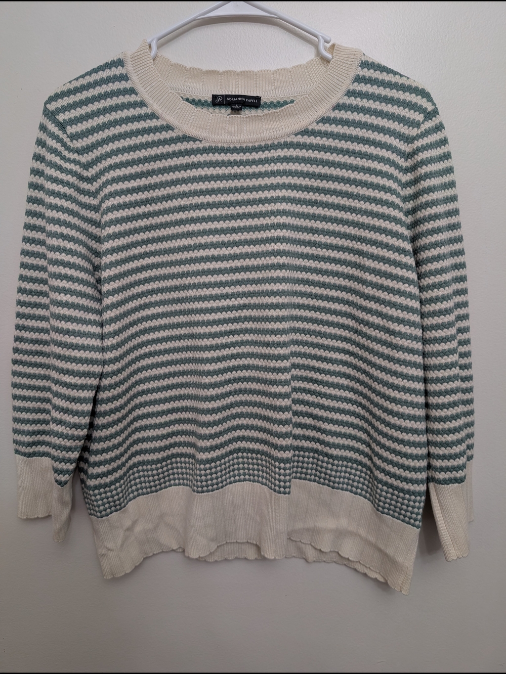 Adrianna Papell Cream and Sage Striped Crewneck Sweater Size Large